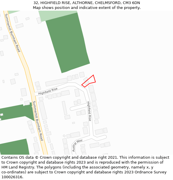 32, HIGHFIELD RISE, ALTHORNE, CHELMSFORD, CM3 6DN: Location map and indicative extent of plot