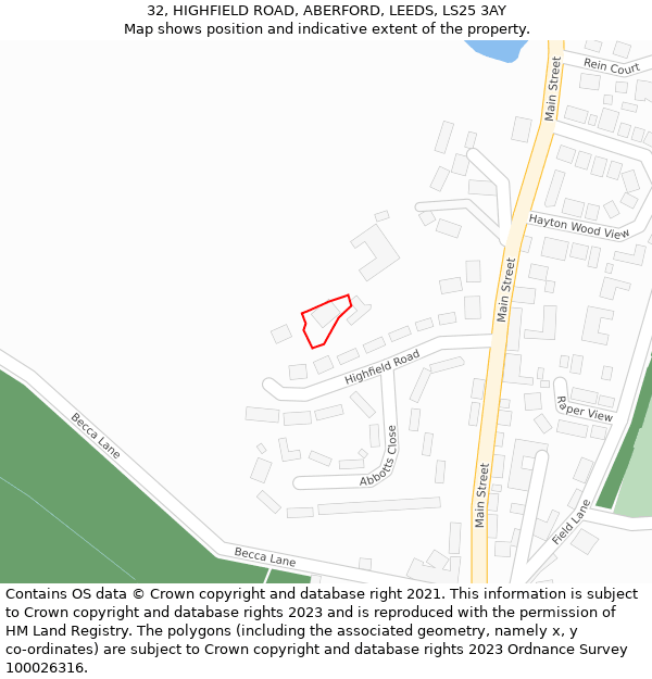32, HIGHFIELD ROAD, ABERFORD, LEEDS, LS25 3AY: Location map and indicative extent of plot