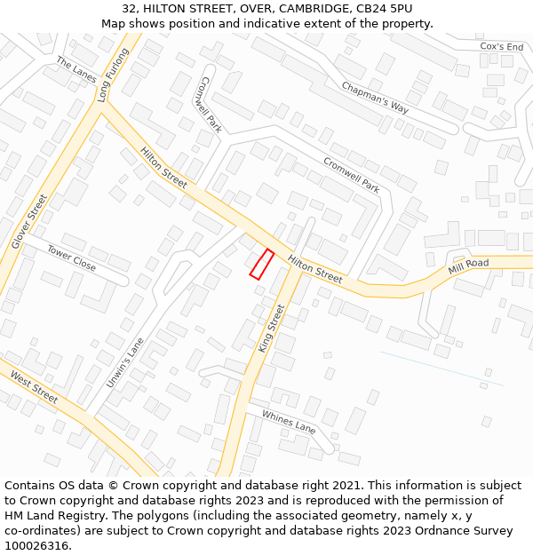 32, HILTON STREET, OVER, CAMBRIDGE, CB24 5PU: Location map and indicative extent of plot