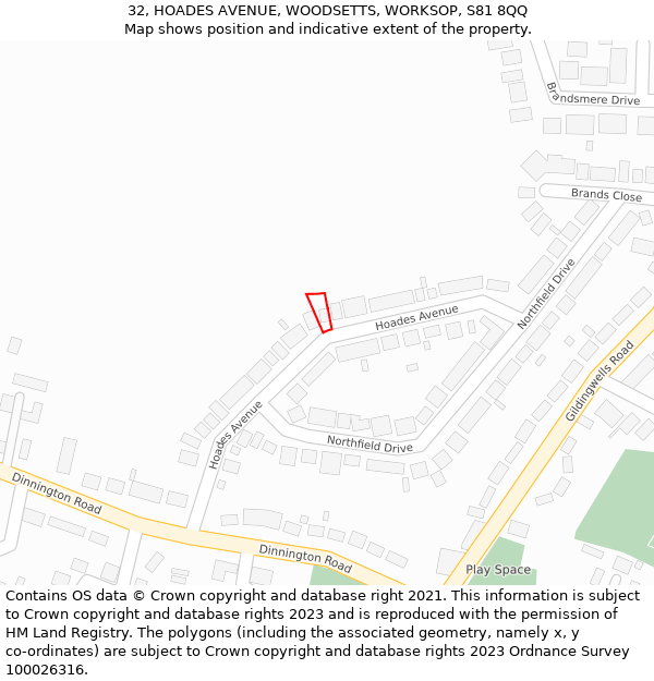 32, HOADES AVENUE, WOODSETTS, WORKSOP, S81 8QQ: Location map and indicative extent of plot