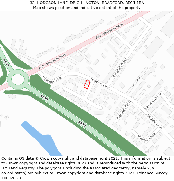 32, HODGSON LANE, DRIGHLINGTON, BRADFORD, BD11 1BN: Location map and indicative extent of plot