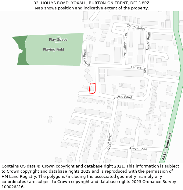 32, HOLLYS ROAD, YOXALL, BURTON-ON-TRENT, DE13 8PZ: Location map and indicative extent of plot