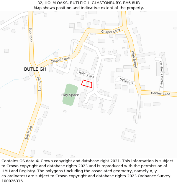 32, HOLM OAKS, BUTLEIGH, GLASTONBURY, BA6 8UB: Location map and indicative extent of plot