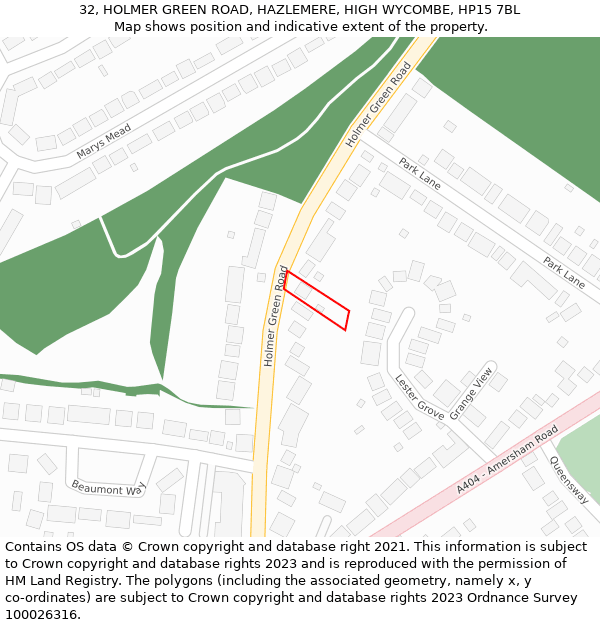 32, HOLMER GREEN ROAD, HAZLEMERE, HIGH WYCOMBE, HP15 7BL: Location map and indicative extent of plot