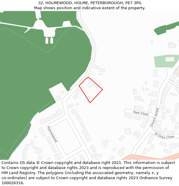 32, HOLMEWOOD, HOLME, PETERBOROUGH, PE7 3PG: Location map and indicative extent of plot