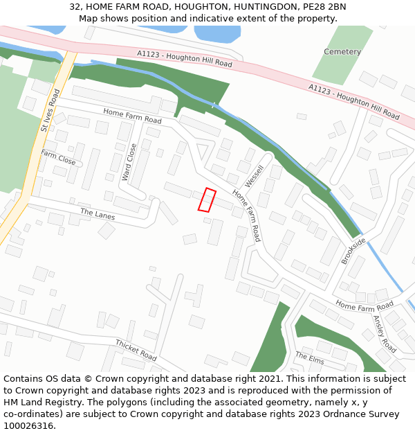 32, HOME FARM ROAD, HOUGHTON, HUNTINGDON, PE28 2BN: Location map and indicative extent of plot