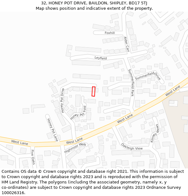 32, HONEY POT DRIVE, BAILDON, SHIPLEY, BD17 5TJ: Location map and indicative extent of plot