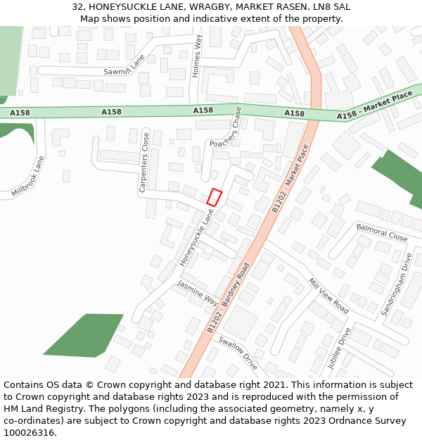 32, HONEYSUCKLE LANE, WRAGBY, MARKET RASEN, LN8 5AL: Location map and indicative extent of plot