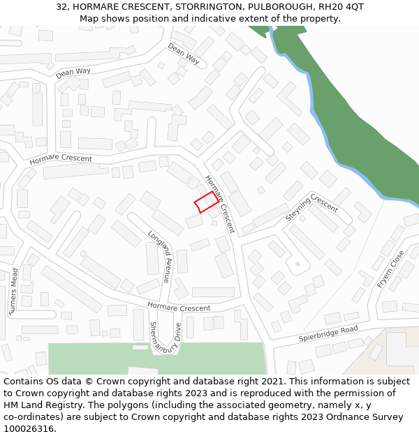 32, HORMARE CRESCENT, STORRINGTON, PULBOROUGH, RH20 4QT: Location map and indicative extent of plot