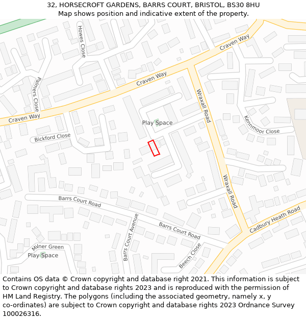 32, HORSECROFT GARDENS, BARRS COURT, BRISTOL, BS30 8HU: Location map and indicative extent of plot