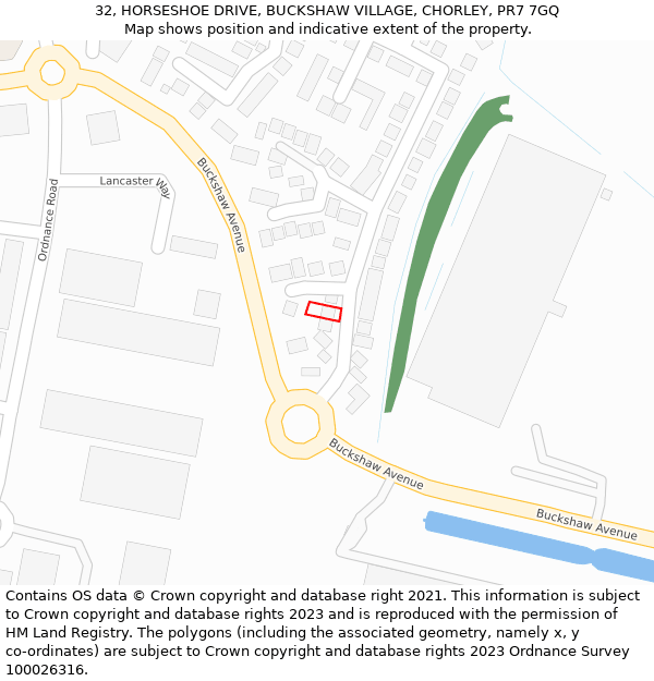 32, HORSESHOE DRIVE, BUCKSHAW VILLAGE, CHORLEY, PR7 7GQ: Location map and indicative extent of plot