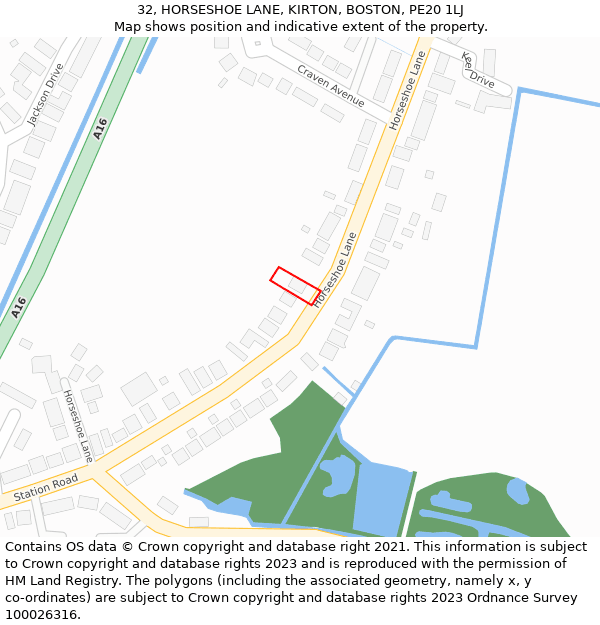 32, HORSESHOE LANE, KIRTON, BOSTON, PE20 1LJ: Location map and indicative extent of plot