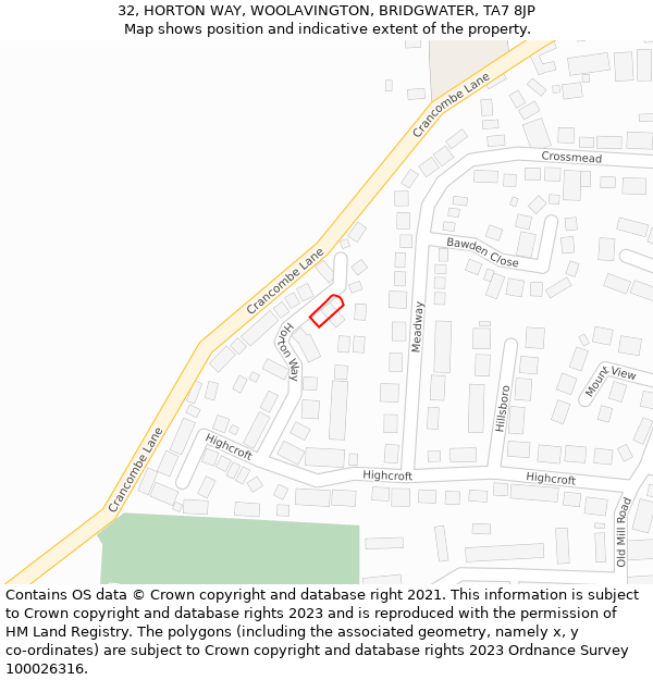 32, HORTON WAY, WOOLAVINGTON, BRIDGWATER, TA7 8JP: Location map and indicative extent of plot