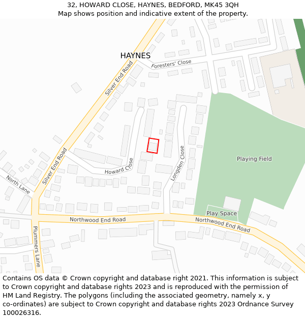 32, HOWARD CLOSE, HAYNES, BEDFORD, MK45 3QH: Location map and indicative extent of plot