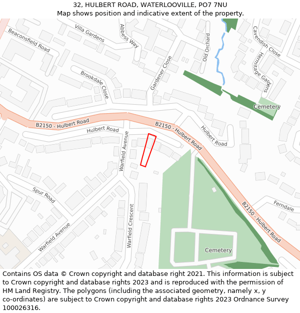 32, HULBERT ROAD, WATERLOOVILLE, PO7 7NU: Location map and indicative extent of plot