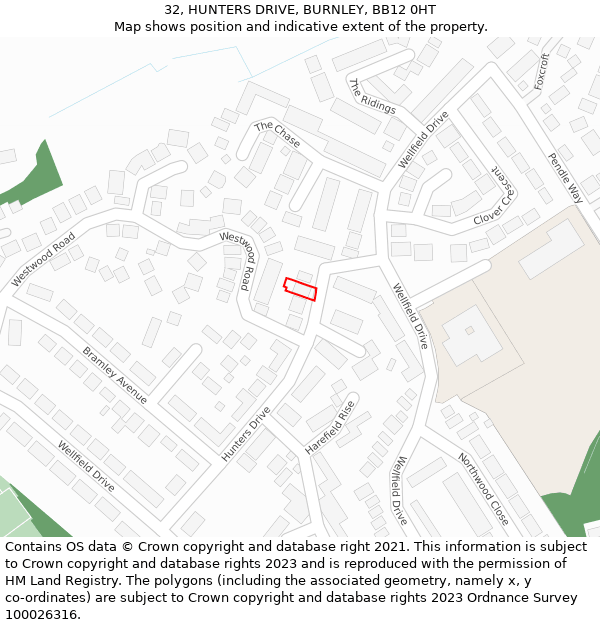 32, HUNTERS DRIVE, BURNLEY, BB12 0HT: Location map and indicative extent of plot
