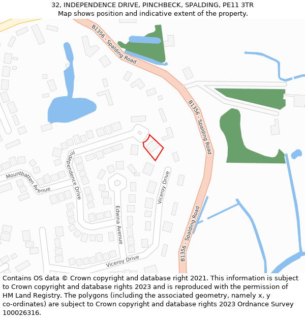32, INDEPENDENCE DRIVE, PINCHBECK, SPALDING, PE11 3TR: Location map and indicative extent of plot