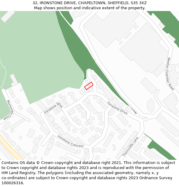 32, IRONSTONE DRIVE, CHAPELTOWN, SHEFFIELD, S35 3XZ: Location map and indicative extent of plot