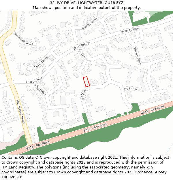 32, IVY DRIVE, LIGHTWATER, GU18 5YZ: Location map and indicative extent of plot