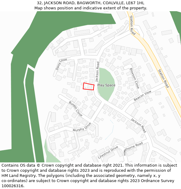 32, JACKSON ROAD, BAGWORTH, COALVILLE, LE67 1HL: Location map and indicative extent of plot