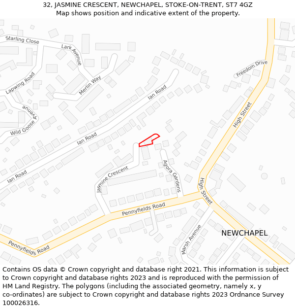 32, JASMINE CRESCENT, NEWCHAPEL, STOKE-ON-TRENT, ST7 4GZ: Location map and indicative extent of plot