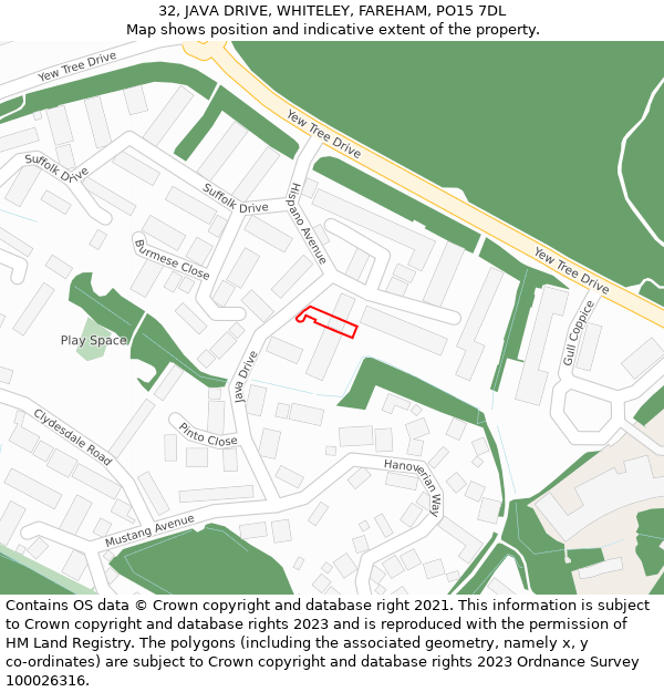 32, JAVA DRIVE, WHITELEY, FAREHAM, PO15 7DL: Location map and indicative extent of plot