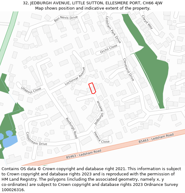 32, JEDBURGH AVENUE, LITTLE SUTTON, ELLESMERE PORT, CH66 4JW: Location map and indicative extent of plot