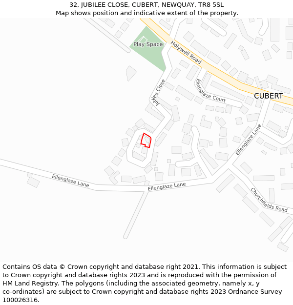 32, JUBILEE CLOSE, CUBERT, NEWQUAY, TR8 5SL: Location map and indicative extent of plot