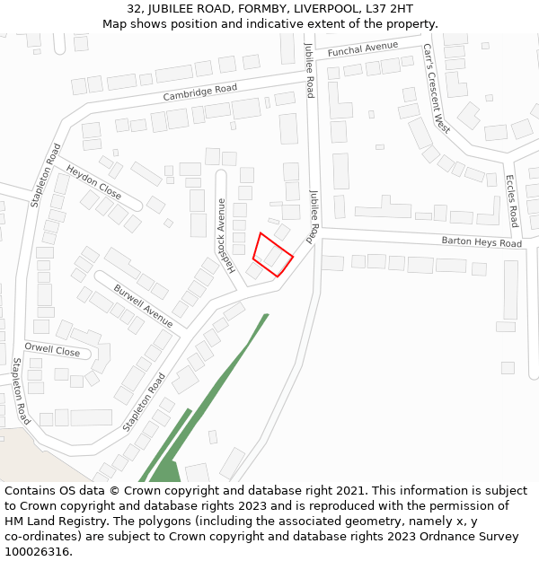 32, JUBILEE ROAD, FORMBY, LIVERPOOL, L37 2HT: Location map and indicative extent of plot