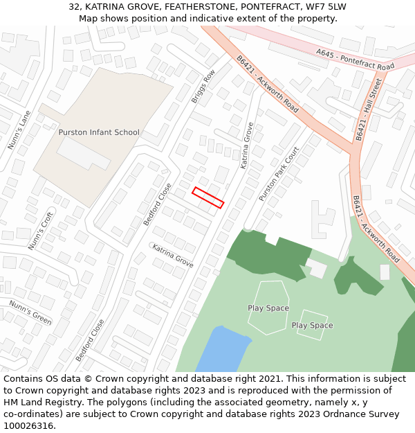 32, KATRINA GROVE, FEATHERSTONE, PONTEFRACT, WF7 5LW: Location map and indicative extent of plot