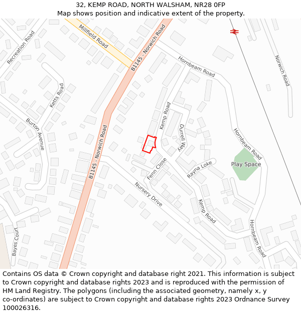 32, KEMP ROAD, NORTH WALSHAM, NR28 0FP: Location map and indicative extent of plot