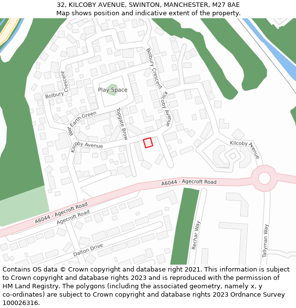 32, KILCOBY AVENUE, SWINTON, MANCHESTER, M27 8AE: Location map and indicative extent of plot