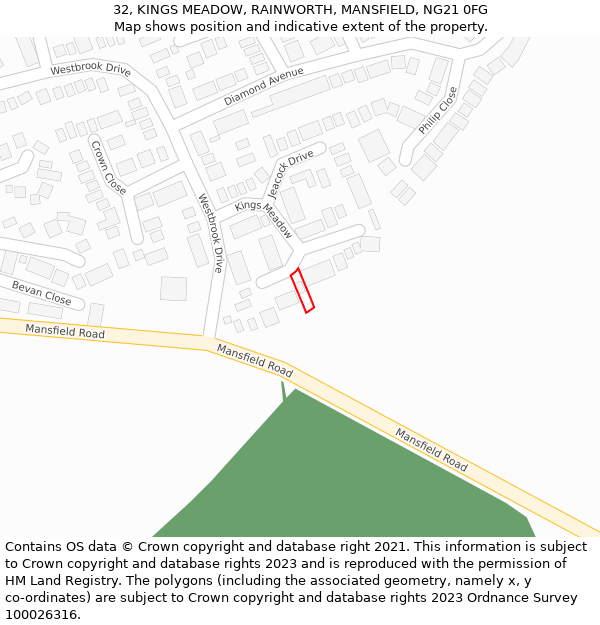 32, KINGS MEADOW, RAINWORTH, MANSFIELD, NG21 0FG: Location map and indicative extent of plot