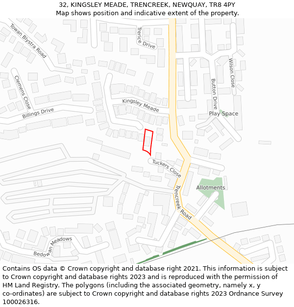 32, KINGSLEY MEADE, TRENCREEK, NEWQUAY, TR8 4PY: Location map and indicative extent of plot