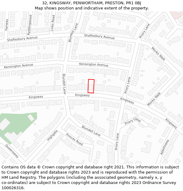32, KINGSWAY, PENWORTHAM, PRESTON, PR1 0BJ: Location map and indicative extent of plot