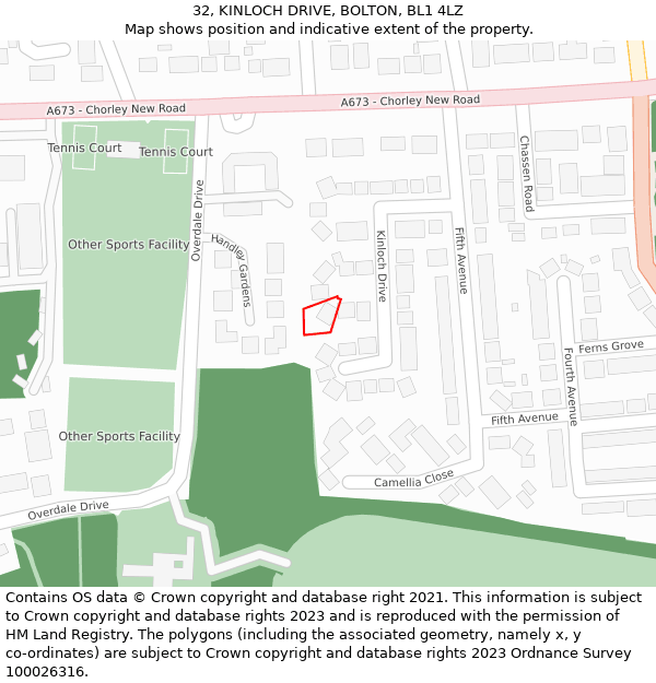 32, KINLOCH DRIVE, BOLTON, BL1 4LZ: Location map and indicative extent of plot