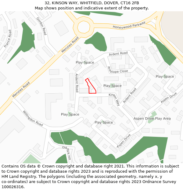 32, KINSON WAY, WHITFIELD, DOVER, CT16 2FB: Location map and indicative extent of plot