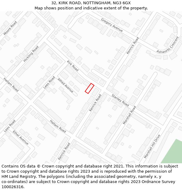 32, KIRK ROAD, NOTTINGHAM, NG3 6GX: Location map and indicative extent of plot