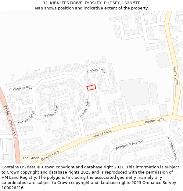 32, KIRKLEES DRIVE, FARSLEY, PUDSEY, LS28 5TE: Location map and indicative extent of plot