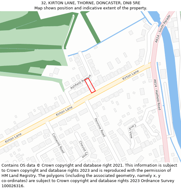 32, KIRTON LANE, THORNE, DONCASTER, DN8 5RE: Location map and indicative extent of plot