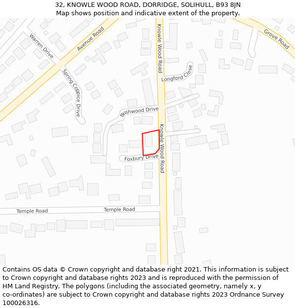 32, KNOWLE WOOD ROAD, DORRIDGE, SOLIHULL, B93 8JN: Location map and indicative extent of plot