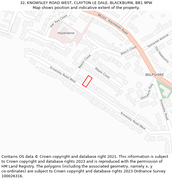 32, KNOWSLEY ROAD WEST, CLAYTON LE DALE, BLACKBURN, BB1 9PW: Location map and indicative extent of plot