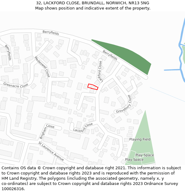 32, LACKFORD CLOSE, BRUNDALL, NORWICH, NR13 5NG: Location map and indicative extent of plot