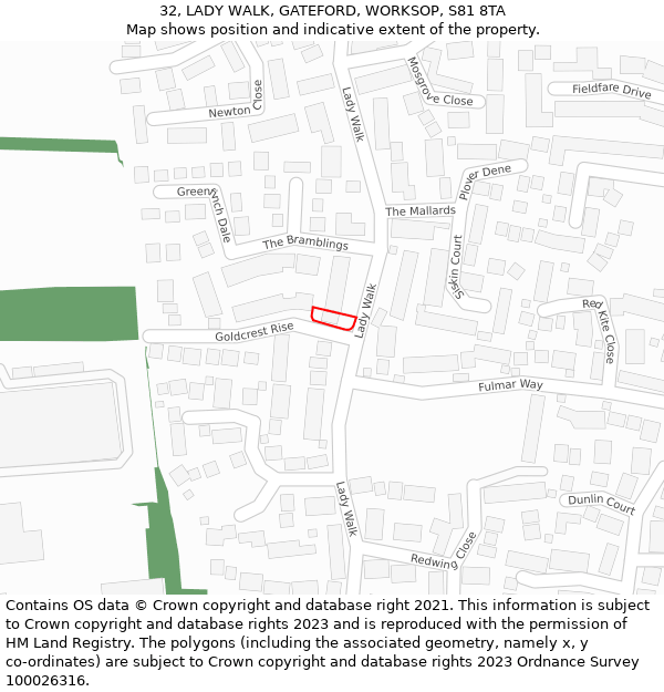 32, LADY WALK, GATEFORD, WORKSOP, S81 8TA: Location map and indicative extent of plot