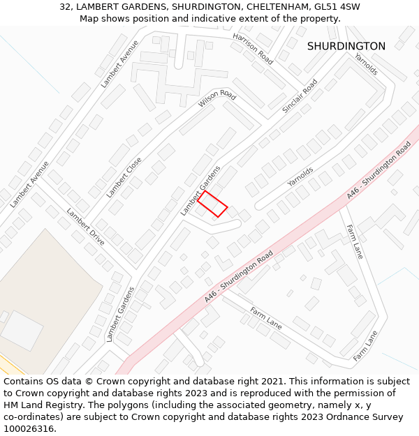 32, LAMBERT GARDENS, SHURDINGTON, CHELTENHAM, GL51 4SW: Location map and indicative extent of plot