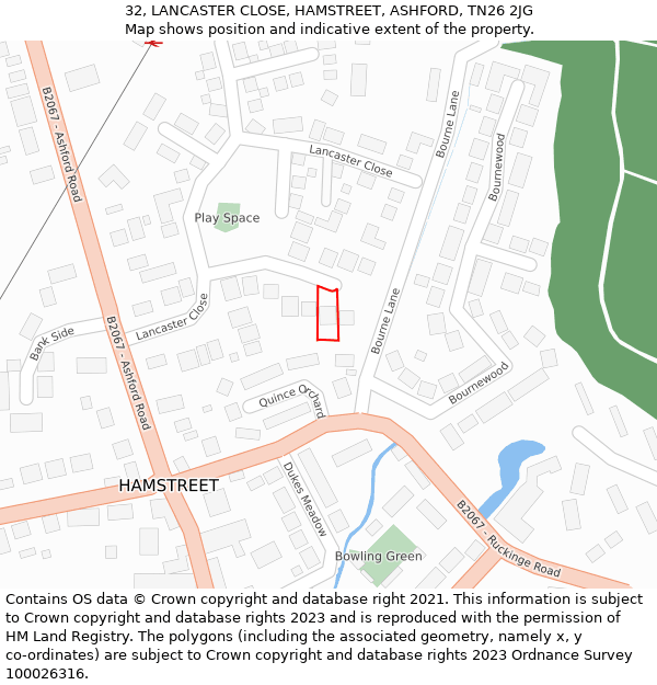 32, LANCASTER CLOSE, HAMSTREET, ASHFORD, TN26 2JG: Location map and indicative extent of plot