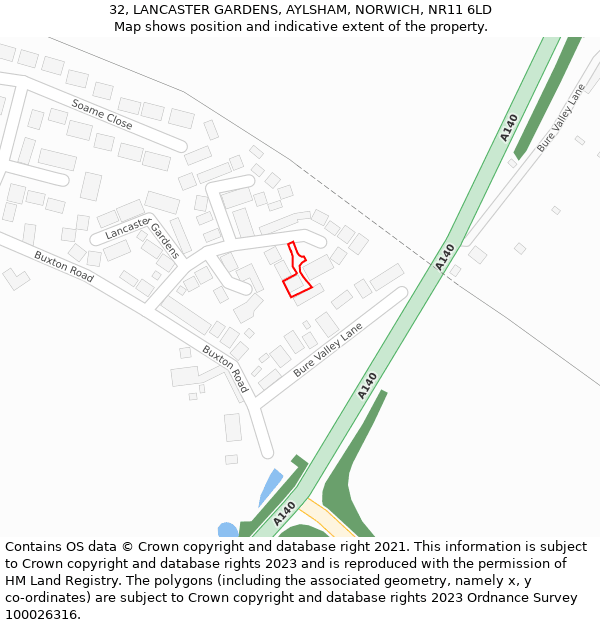 32, LANCASTER GARDENS, AYLSHAM, NORWICH, NR11 6LD: Location map and indicative extent of plot