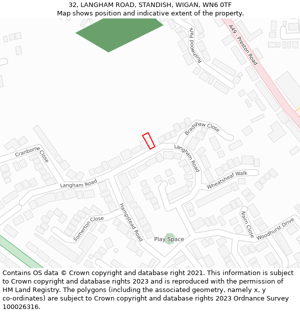 32, LANGHAM ROAD, STANDISH, WIGAN, WN6 0TF: Location map and indicative extent of plot
