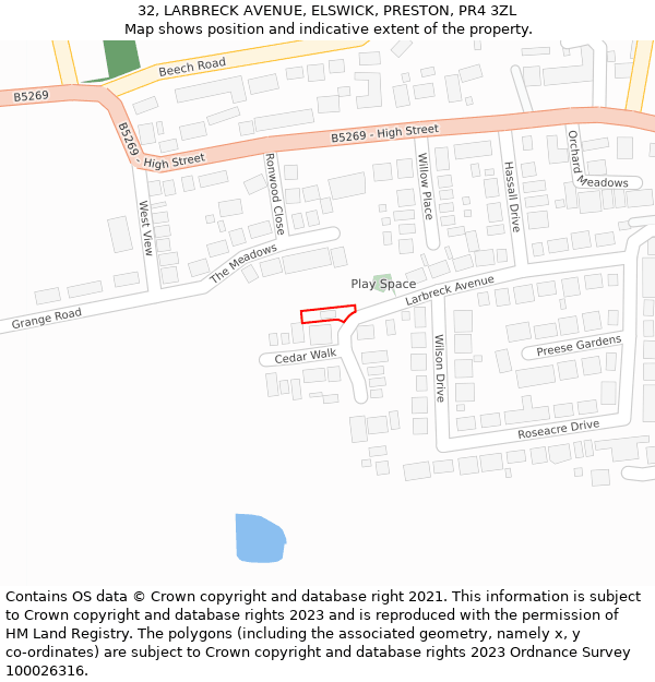 32, LARBRECK AVENUE, ELSWICK, PRESTON, PR4 3ZL: Location map and indicative extent of plot