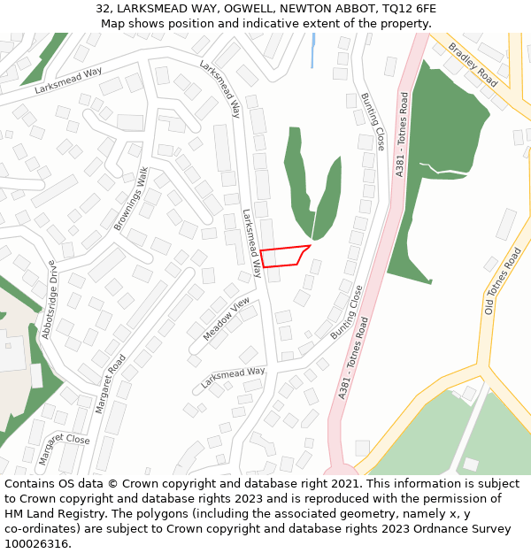 32, LARKSMEAD WAY, OGWELL, NEWTON ABBOT, TQ12 6FE: Location map and indicative extent of plot